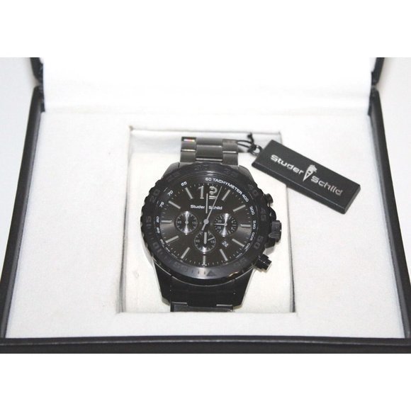 NEW w/Box Studer Schild‎ Dunlop Black Steel Chronograph Mens Watch NEW Battery - Picture 2 of 13